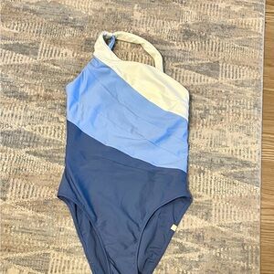 summersalt One-Shoulder Colorblock One-Piece in Navy, Light Blue & Cream